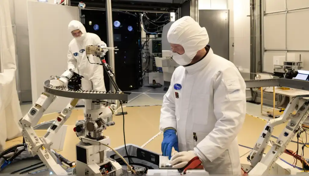 Des ingénieurs européens travaillant dans un centre de recherche spatial, collaborant sur des technologies de pointe.